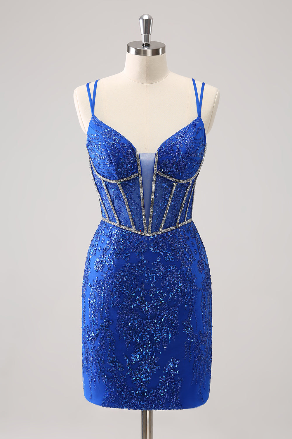 Sparkly Royal Blue Spaghetti Straps Corset Tight Homecoming Dress with Sequins