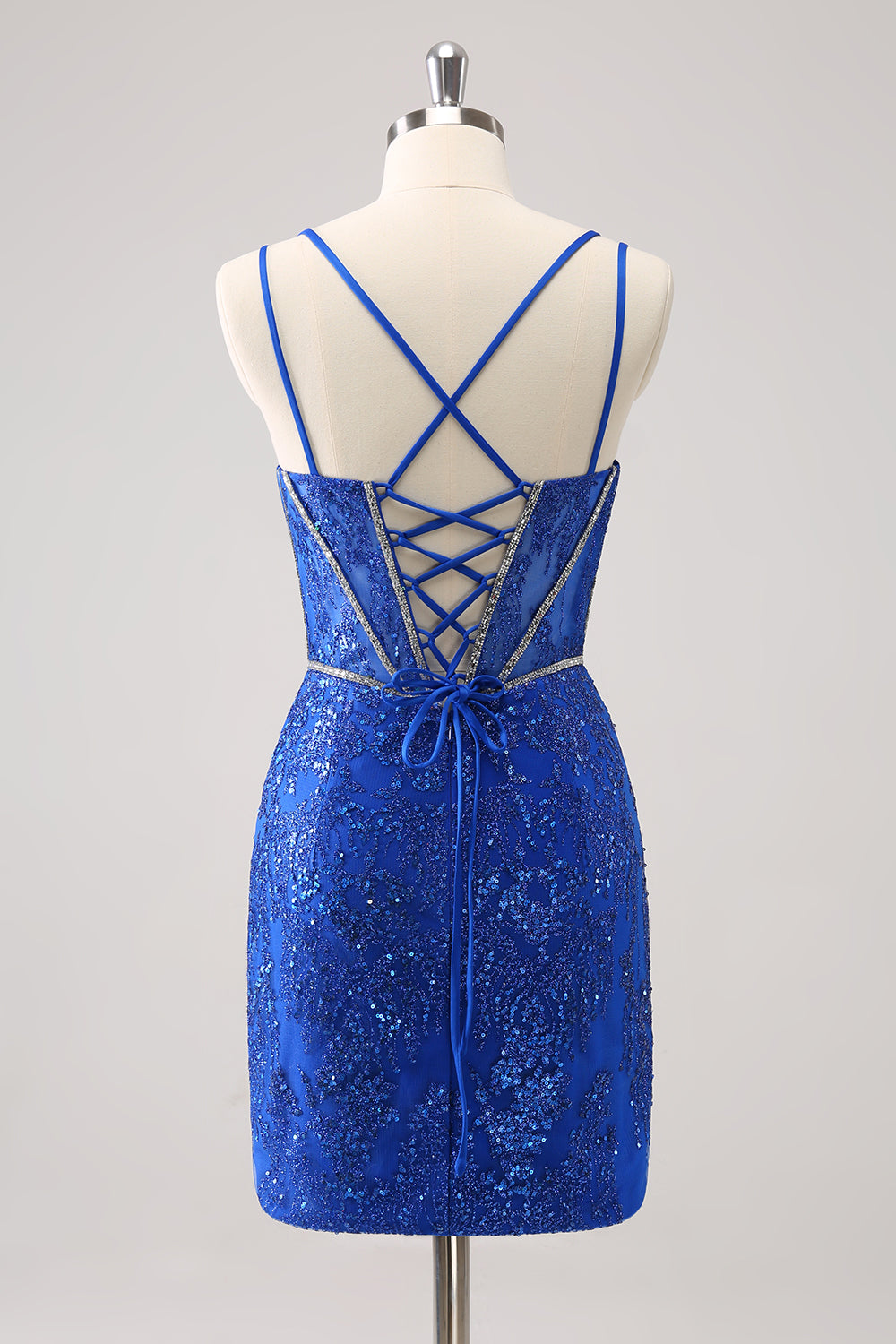 Sparkly Royal Blue Spaghetti Straps Corset Tight Homecoming Dress with Sequins