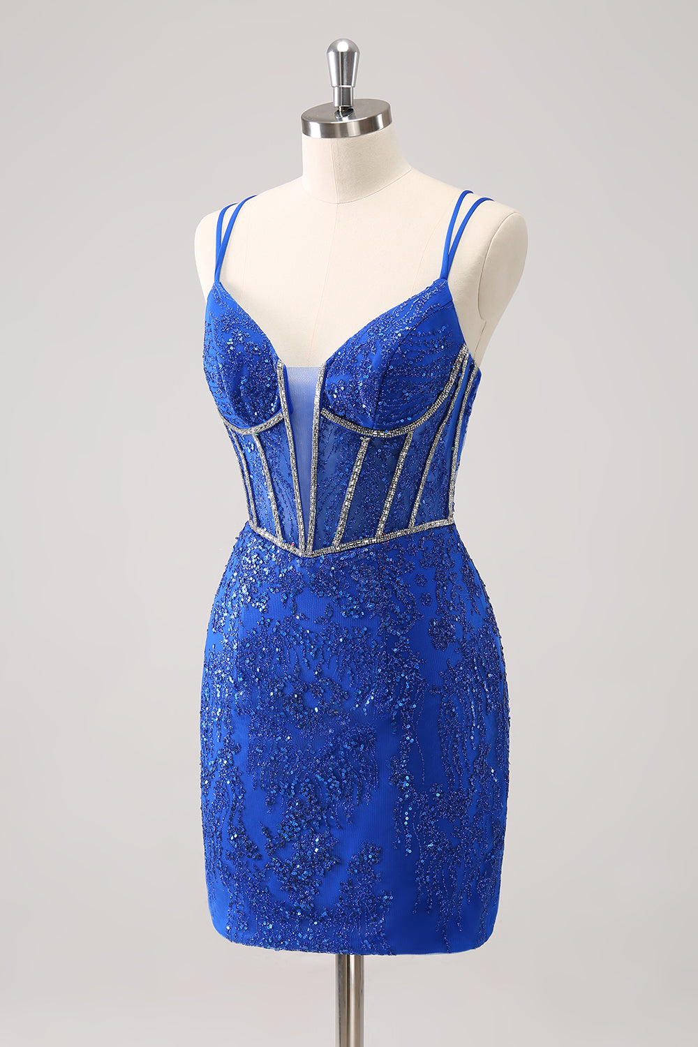 Sparkly Royal Blue Spaghetti Straps Corset Tight Homecoming Dress with Sequins