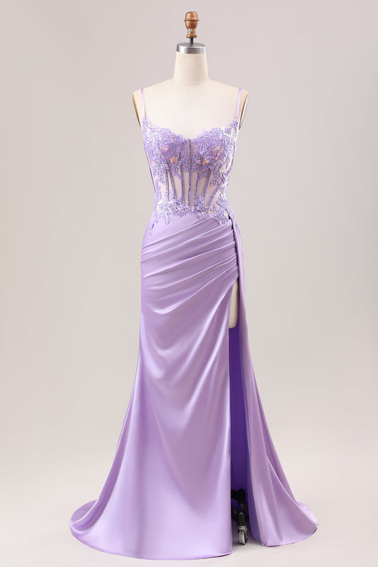 Stylish Lilac Mermaid Pleated Sequin Corset Long Prom Dress With Slit