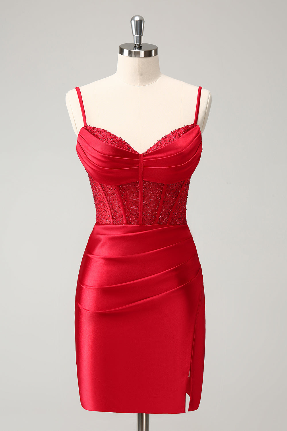 Stylish Bodycon Spaghetti Straps Corset Satin Red Homecoming Dress with Slit