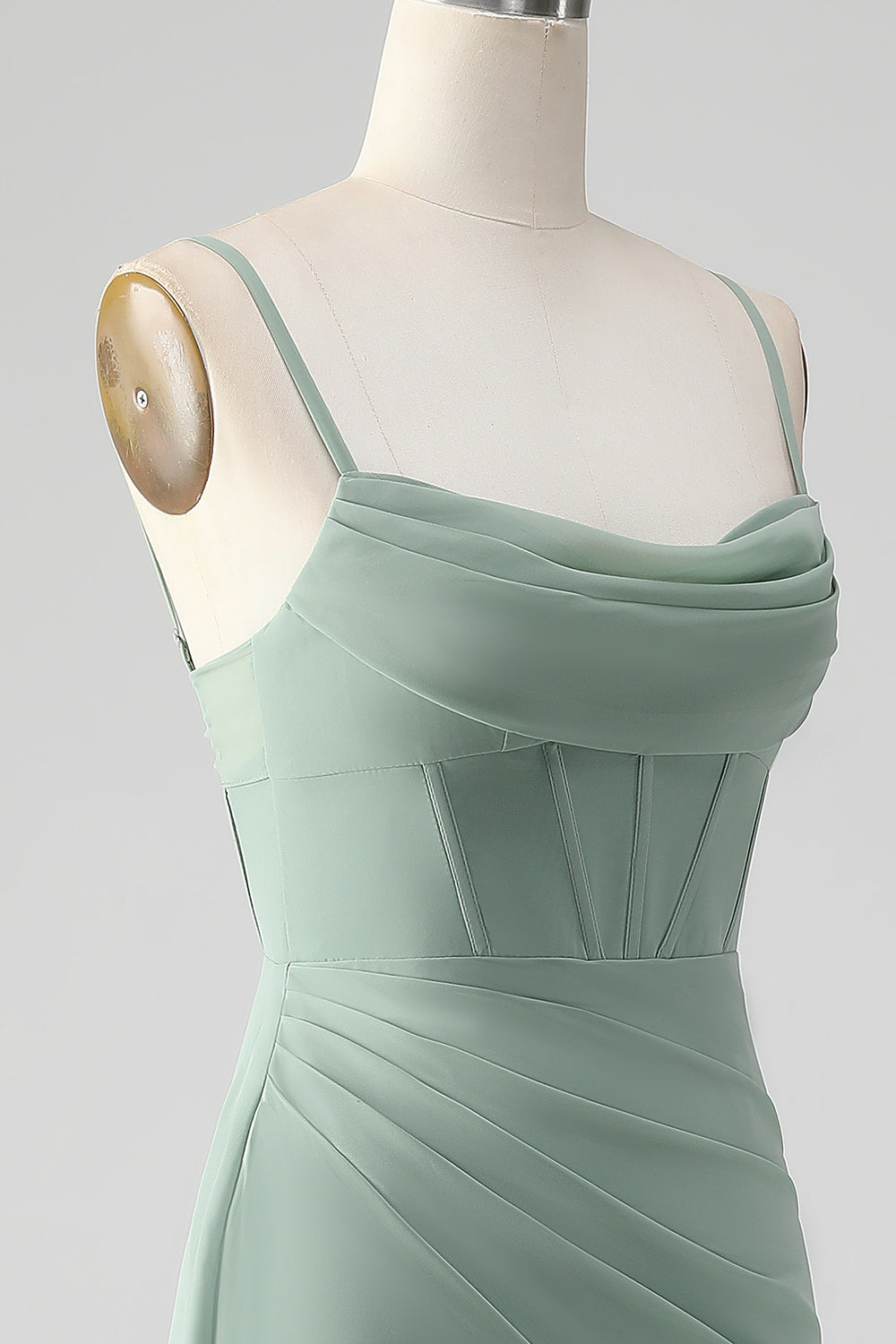 Spaghetti Straps Grey Green Mermaid Corset Bridesmaid Dress with Slit