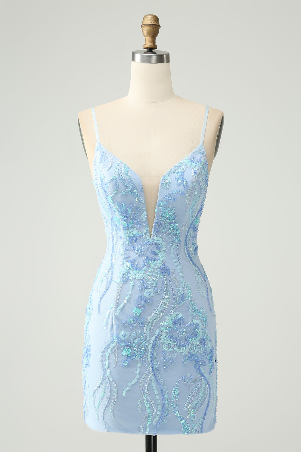 Light Blue Spaghetti Straps Tight Short Homecoming Dress with Sequins