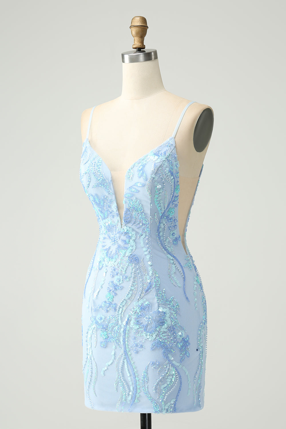 Light Blue Spaghetti Straps Tight Short Homecoming Dress with Sequins