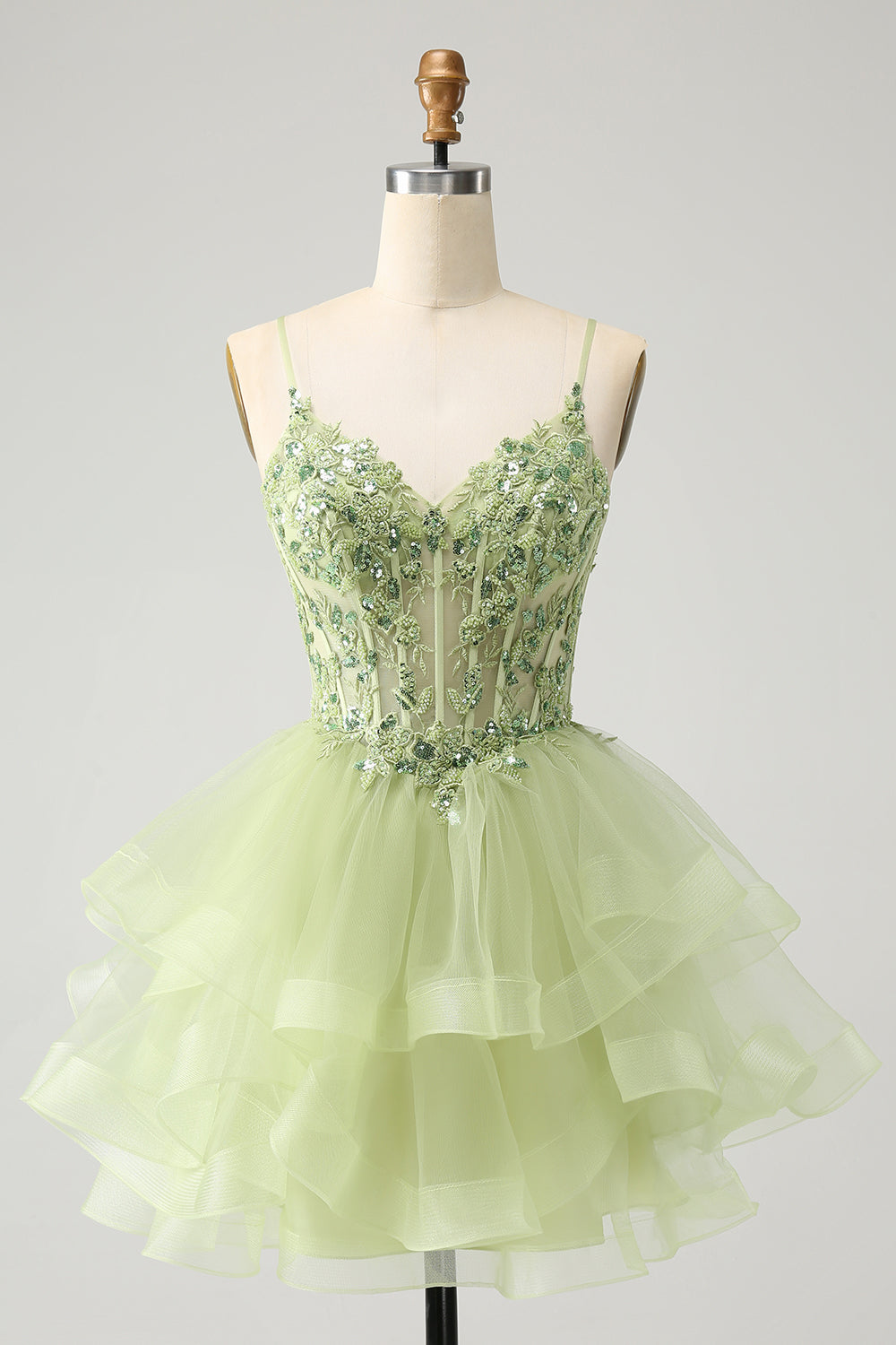 Light Green A-Line Tulle Tiered Homecoming Dress with Appliques