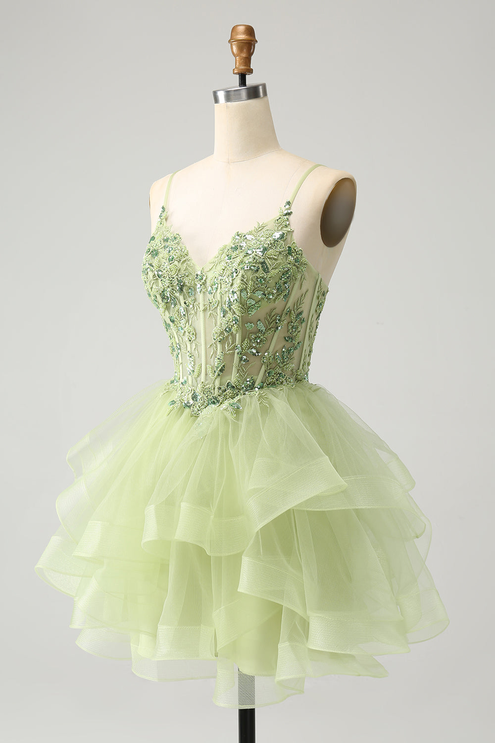 Light Green A-Line Tulle Tiered Homecoming Dress with Appliques