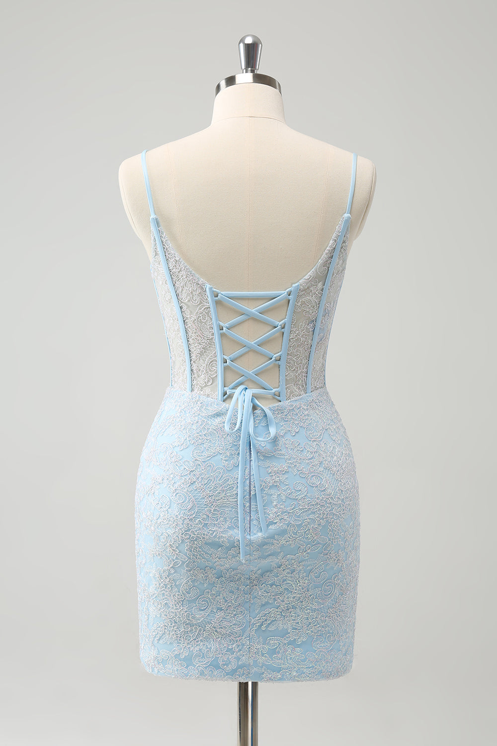 Light Blue Bodycon Spaghetti Straps Corset Homceoming Dress with Sequins