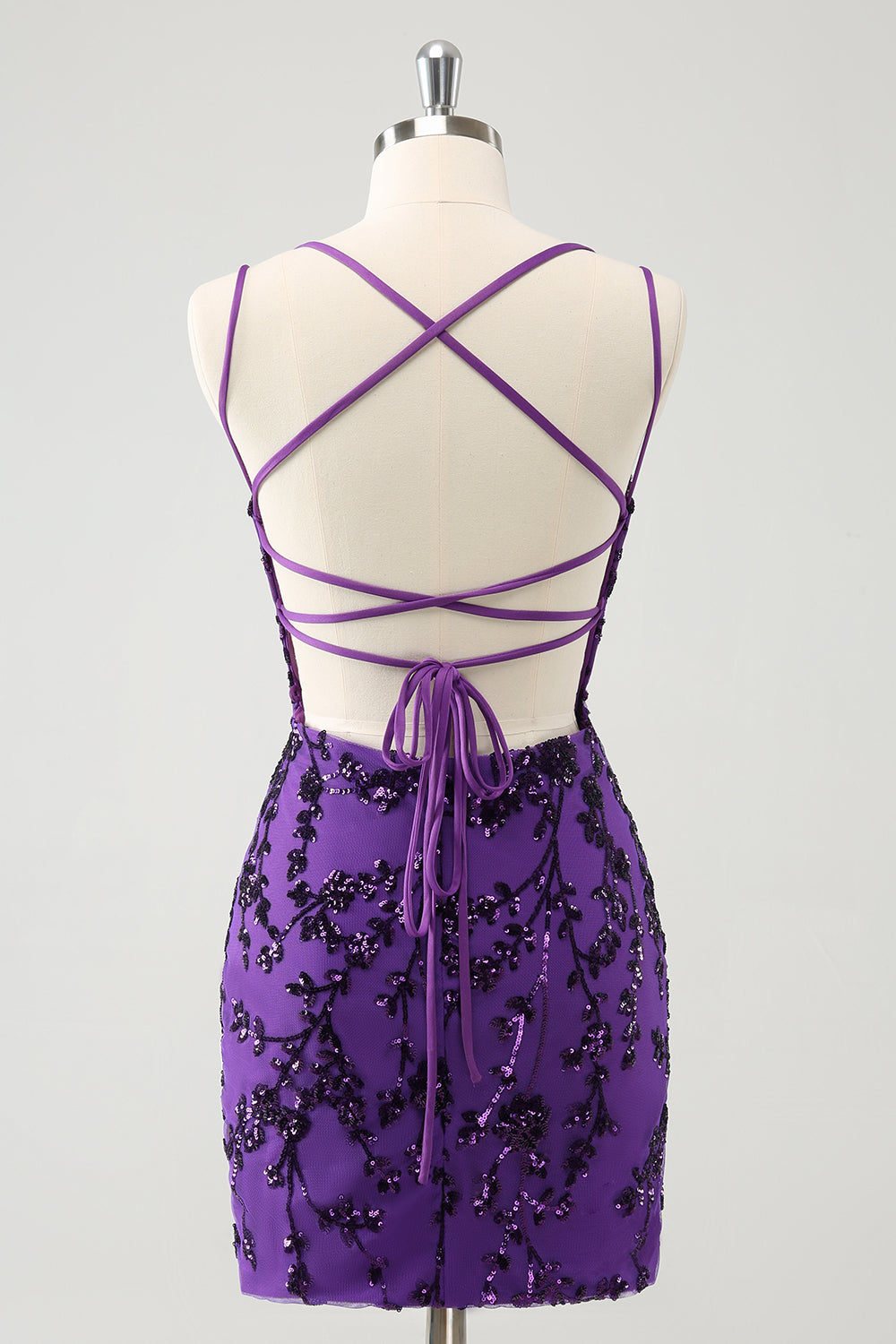 Sparkly Purple Spaghetti Straps Tight Short Homecoming Dress with Appliques