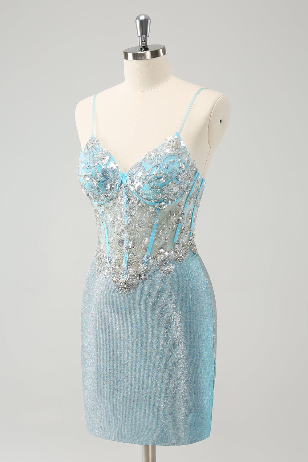 Light Blue Spaghetti Straps Tight Corset Short Homecoming Dress with Sequins