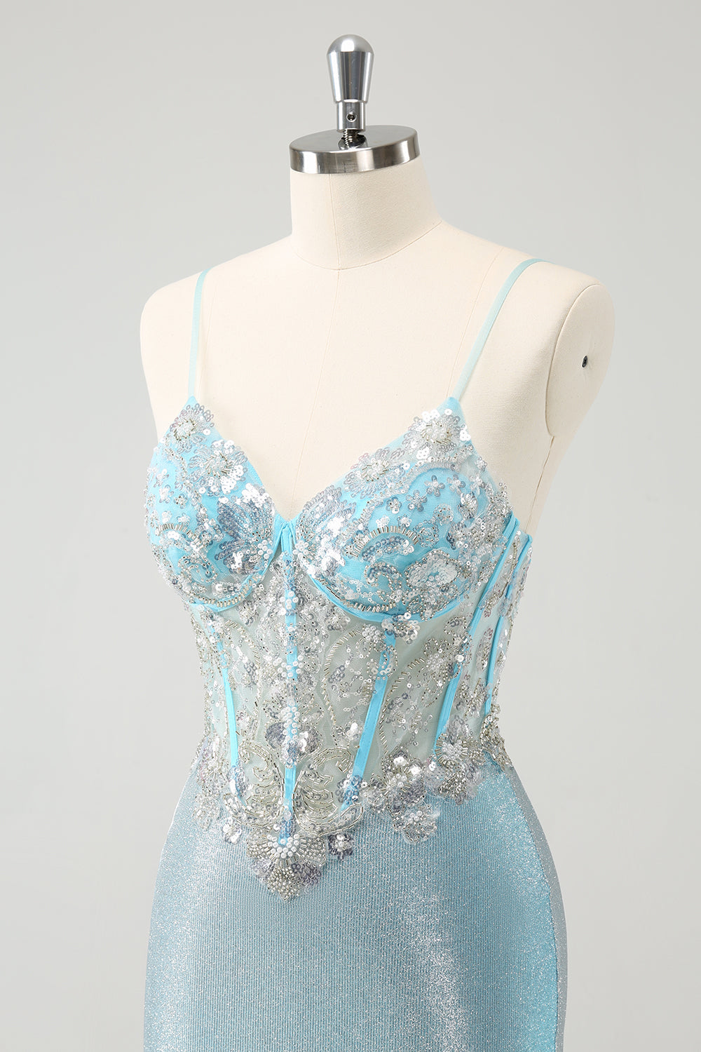 Light Blue Spaghetti Straps Tight Corset Short Homecoming Dress with Sequins