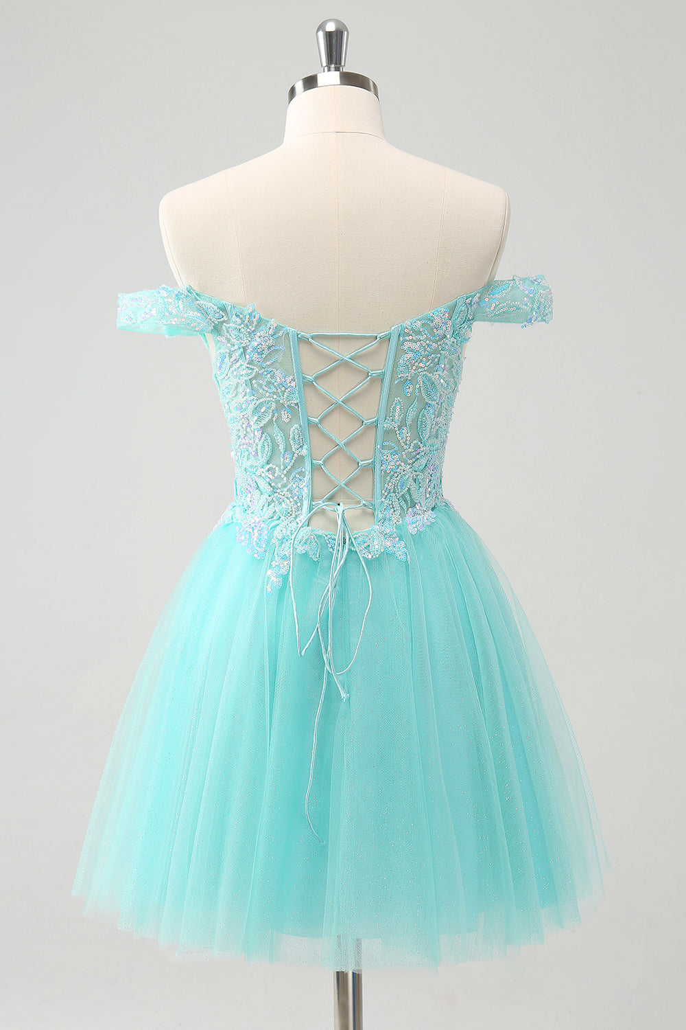 Sparkly Light Blue A Line Off The Shoulder Short Homecoming Dress