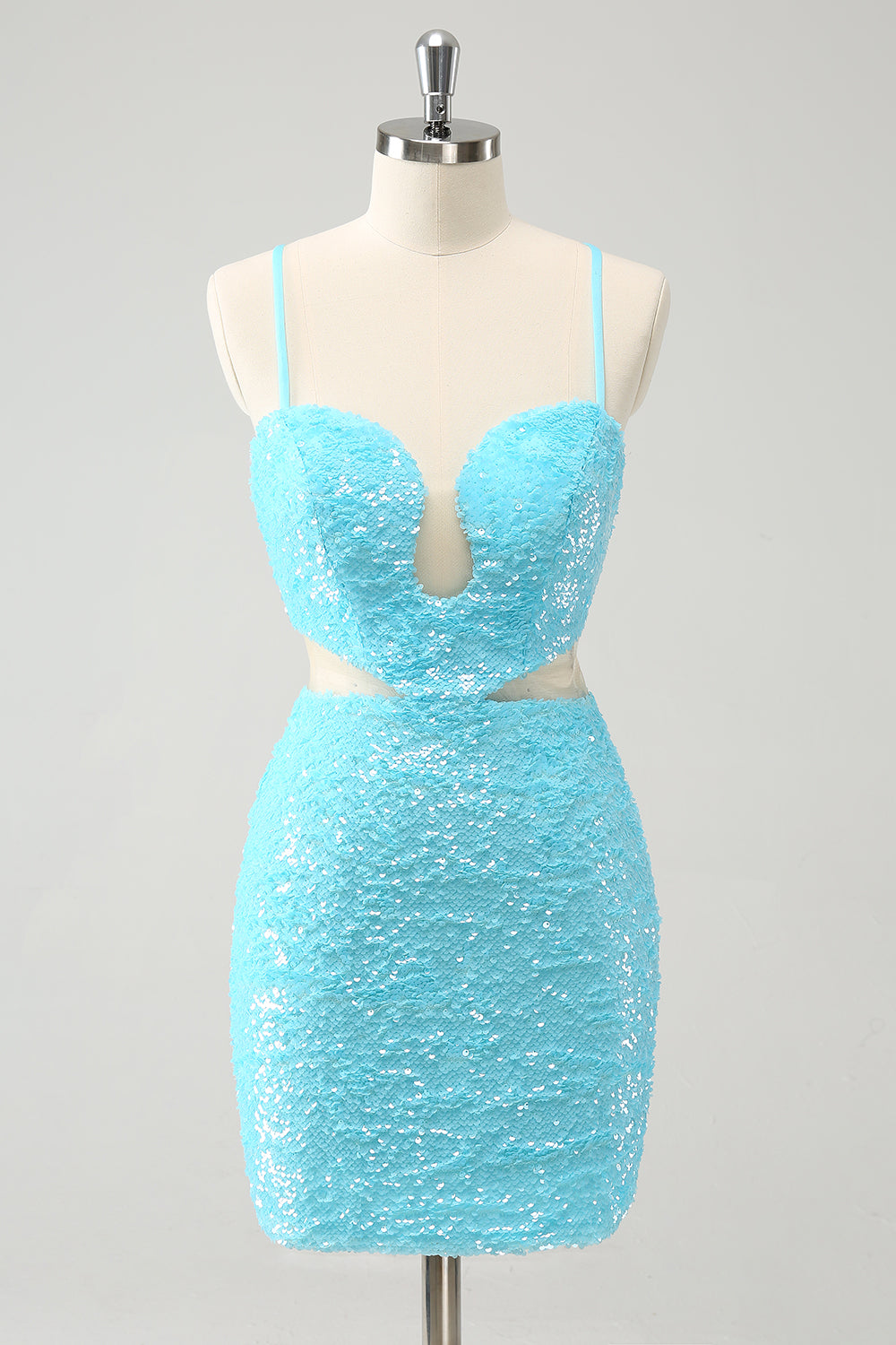 Sparkly Light Blue Spaghetti Straps Sequin Tight Homecoming Dress with Hollow Out