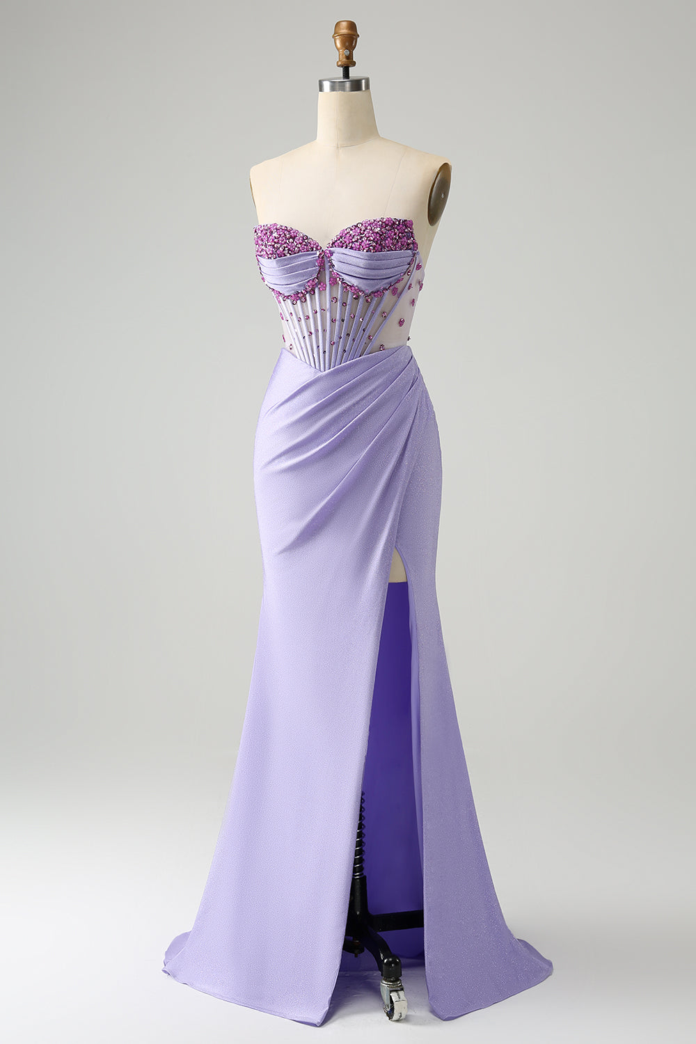 Light Purple Mermaid Strapless Ruched Beaded Corset Prom Dress with Slit