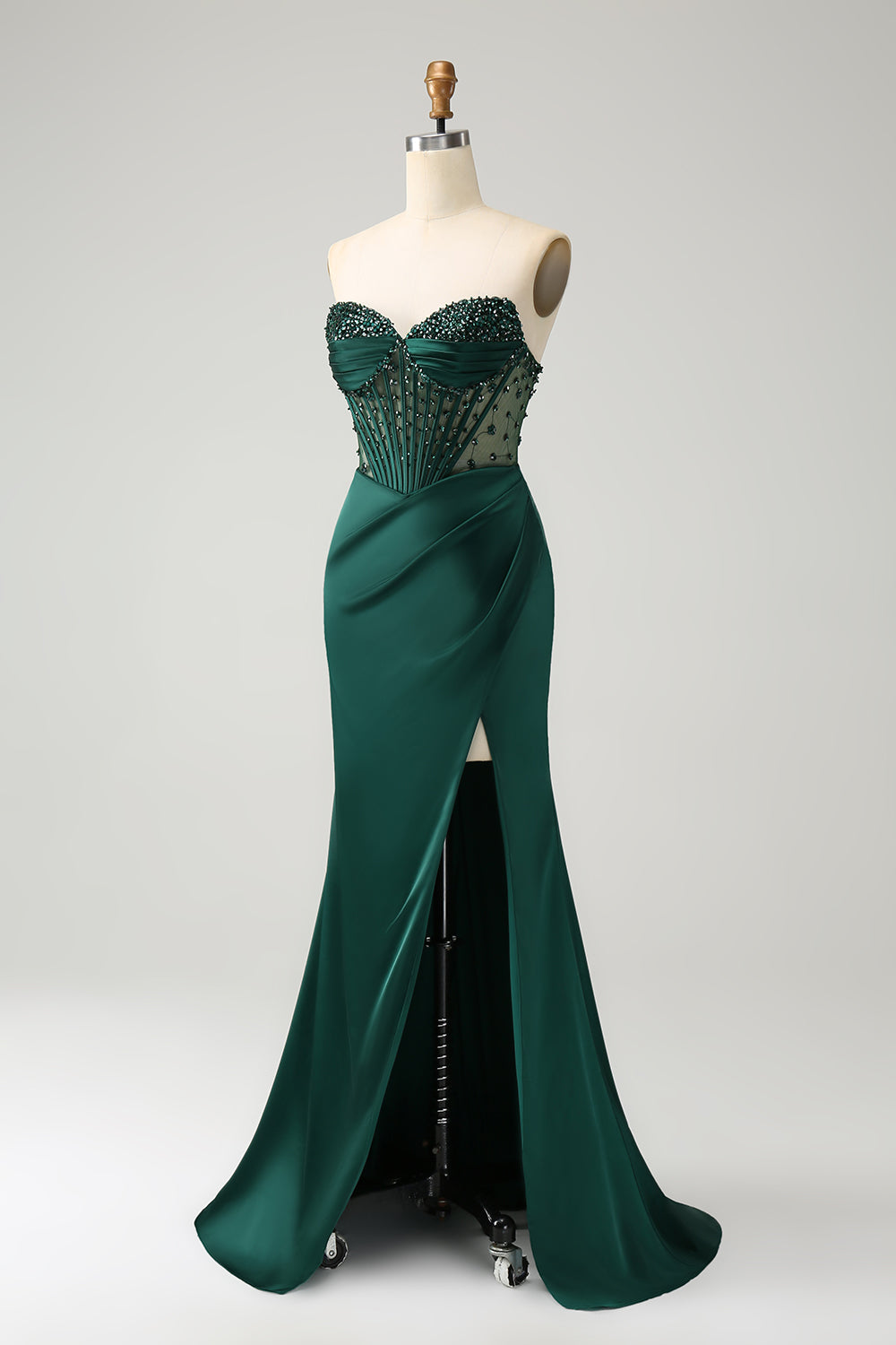 Sparkly Dark Green Mermaid Strapless Beaded Corset Long Prom Dress with Slit