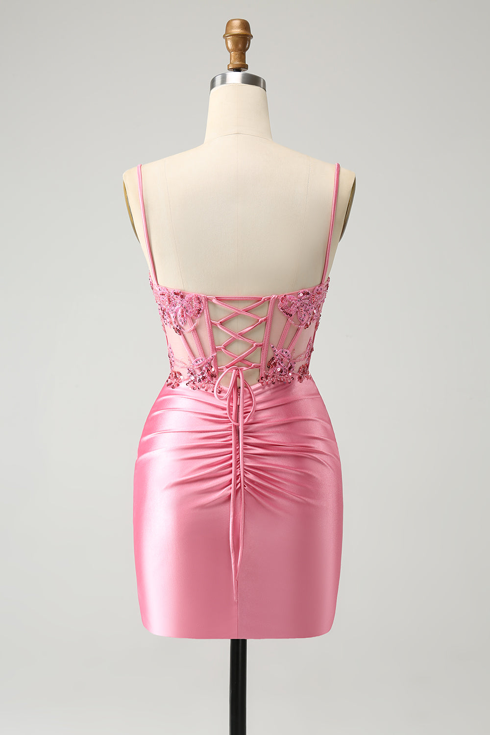 Sparkly Pink Tight Corset Spaghetti Straps Homecoming Dress with Appliques