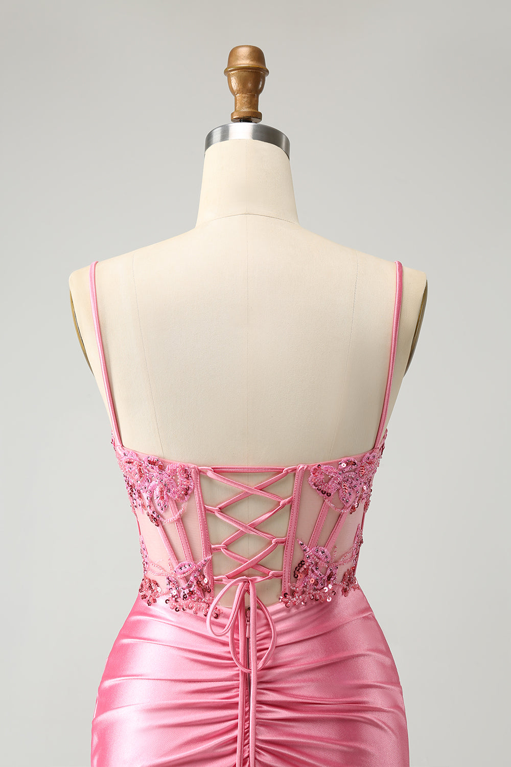 Sparkly Pink Tight Corset Spaghetti Straps Homecoming Dress with Appliques