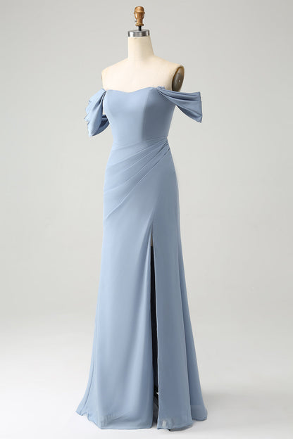Grey Blue Mermaid Off the Shoulder Chiffon Long Bridesmaid Dress with Slit