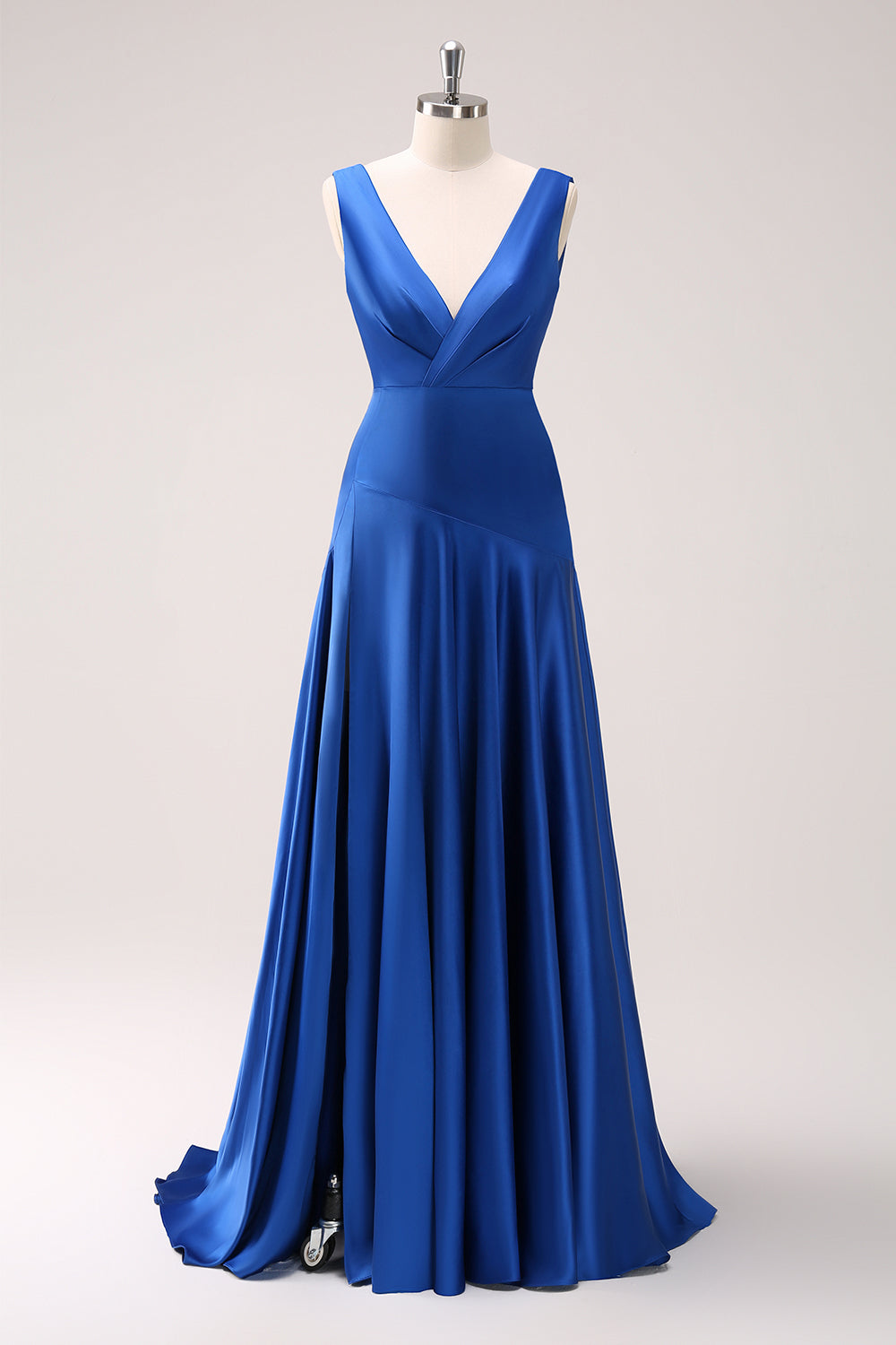 Ink Blue V-Neck Satin Bridesmaid Dress with Slit