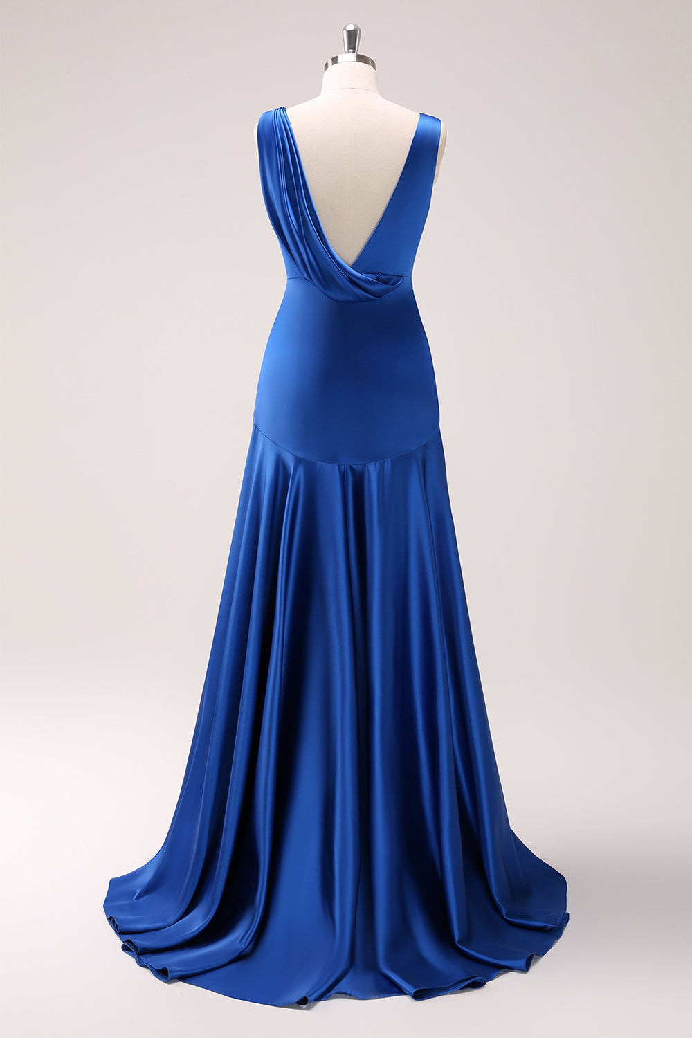 Ink Blue A Line V-Neck Satin Long Bridesmaid Dress with Slit