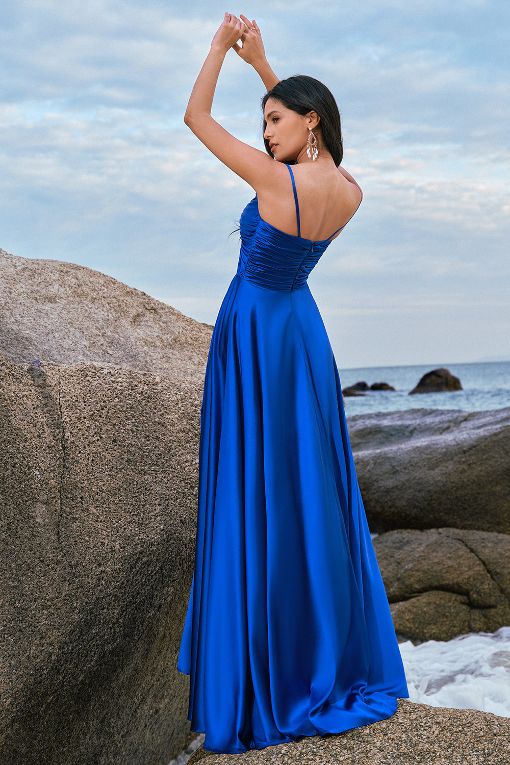 Spaghetti Straps Satin Ink Blue Bridesmaid Dress with Slit