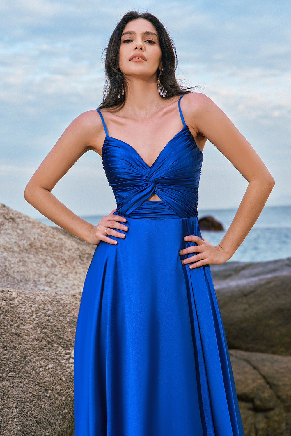 Spaghetti Straps Satin Ink Blue Bridesmaid Dress with Slit