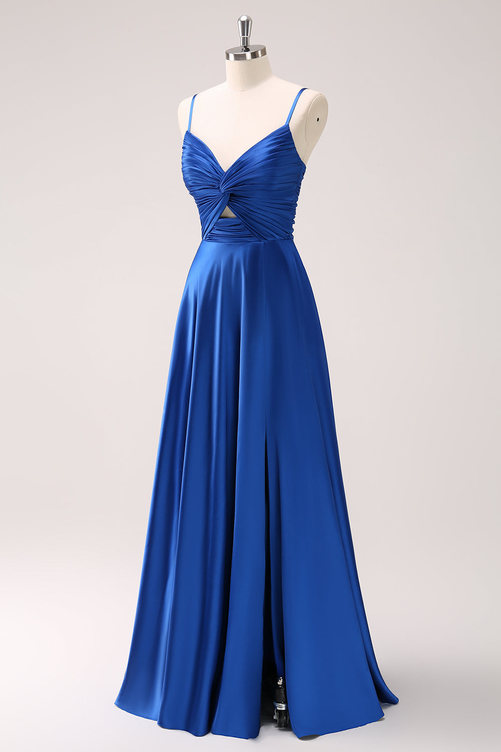 Ink Blue Spaghetti Straps Satin Bridesmaid Dress with Slit