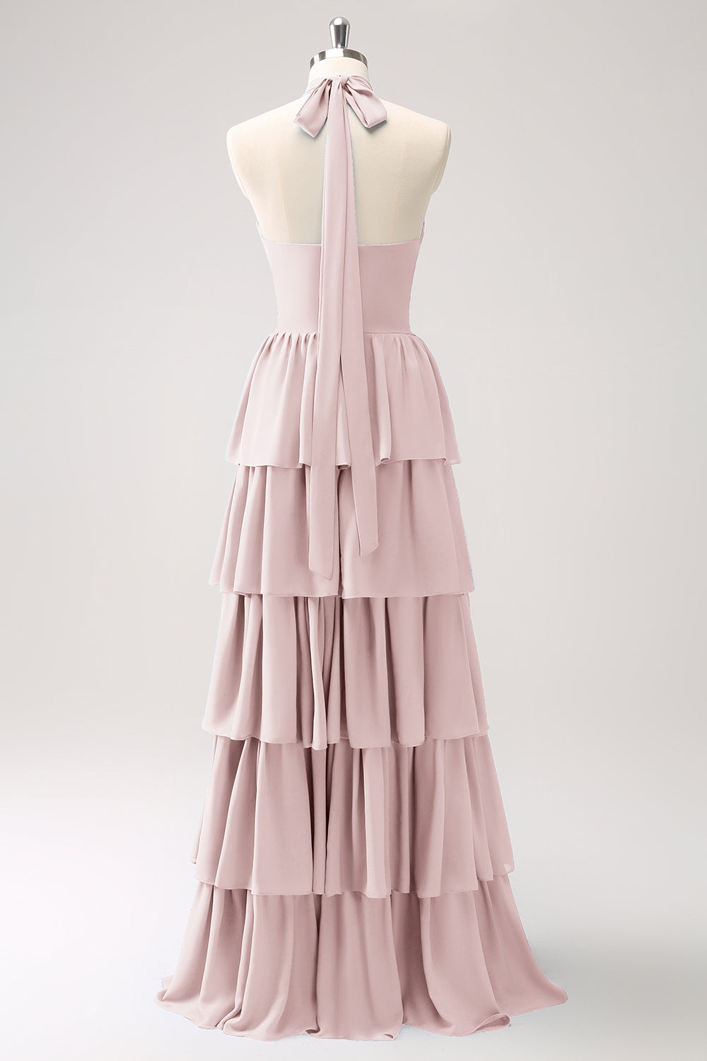 Blush Pink Tiered Chiffon Bridesmaid Dress with Flower