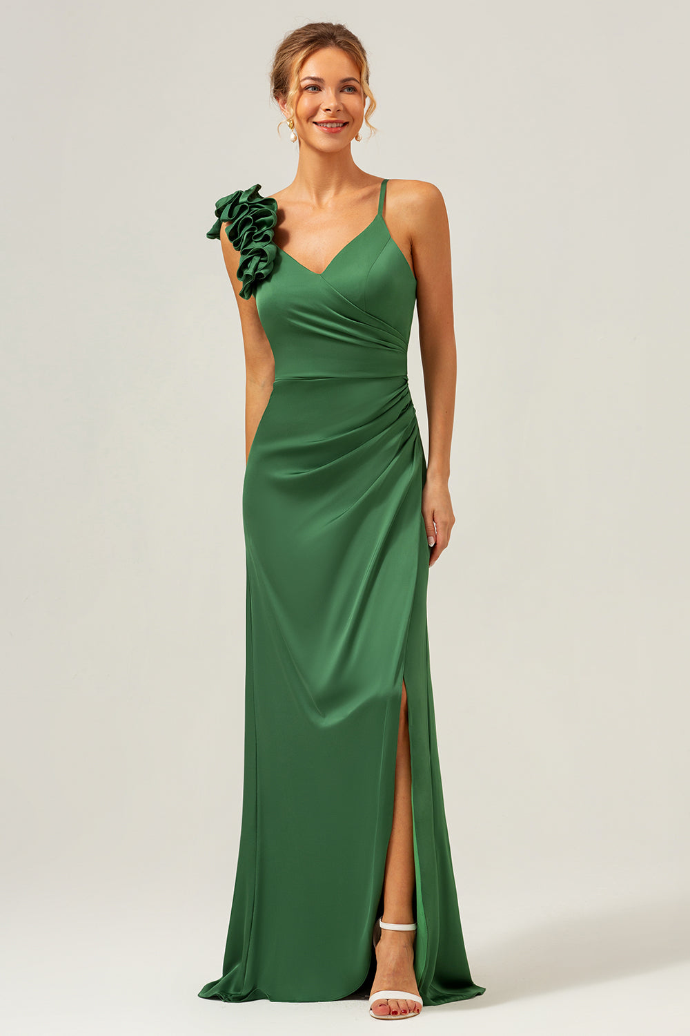 Olive Green Sheath Pleated Satin Long Bridesmaid Dress with Slit