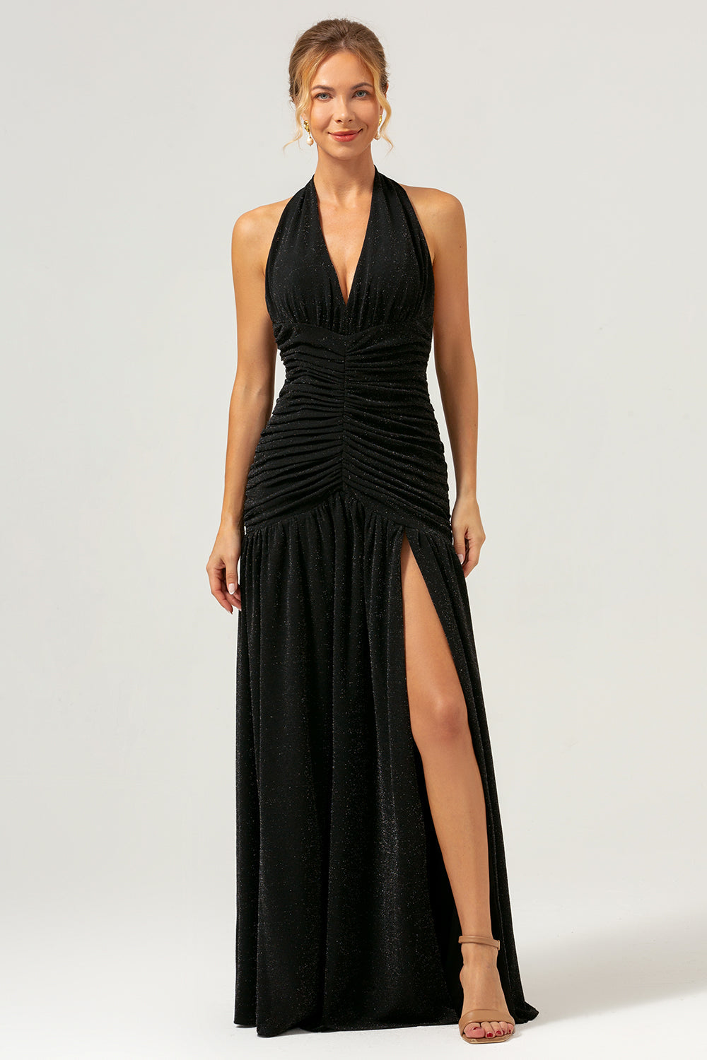 Black Mermaid Halter Pleated Backless Long Bridesmaid Dress