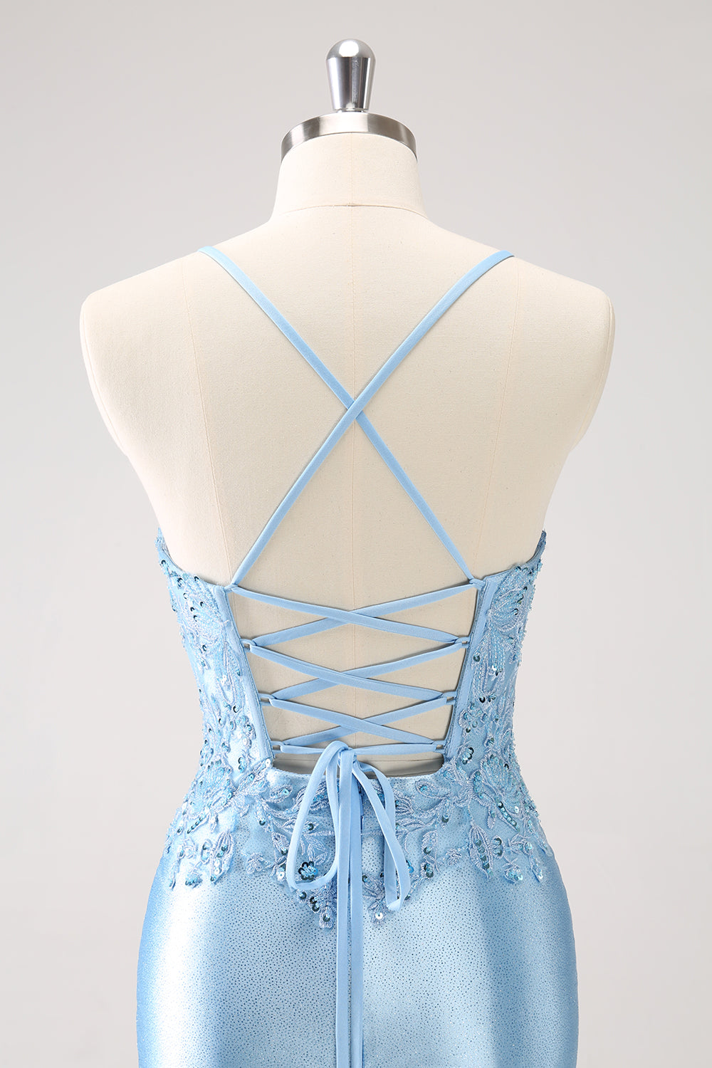 Blue Spaghetti Straps Tight Short Homecoming Dress with Appliques