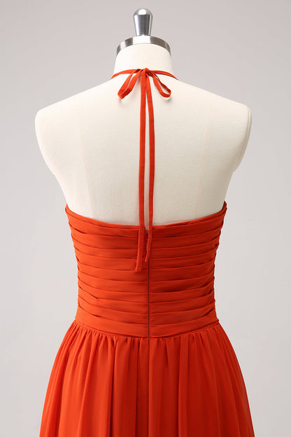 Orange A-Line Halter Ruched Long Bridesmaid Dress