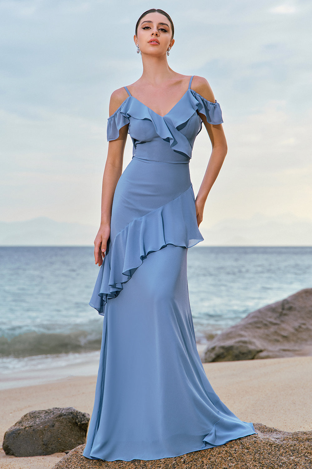 Blue Cold Shoulder Chiffon Bridesmaid Dress with Ruffles