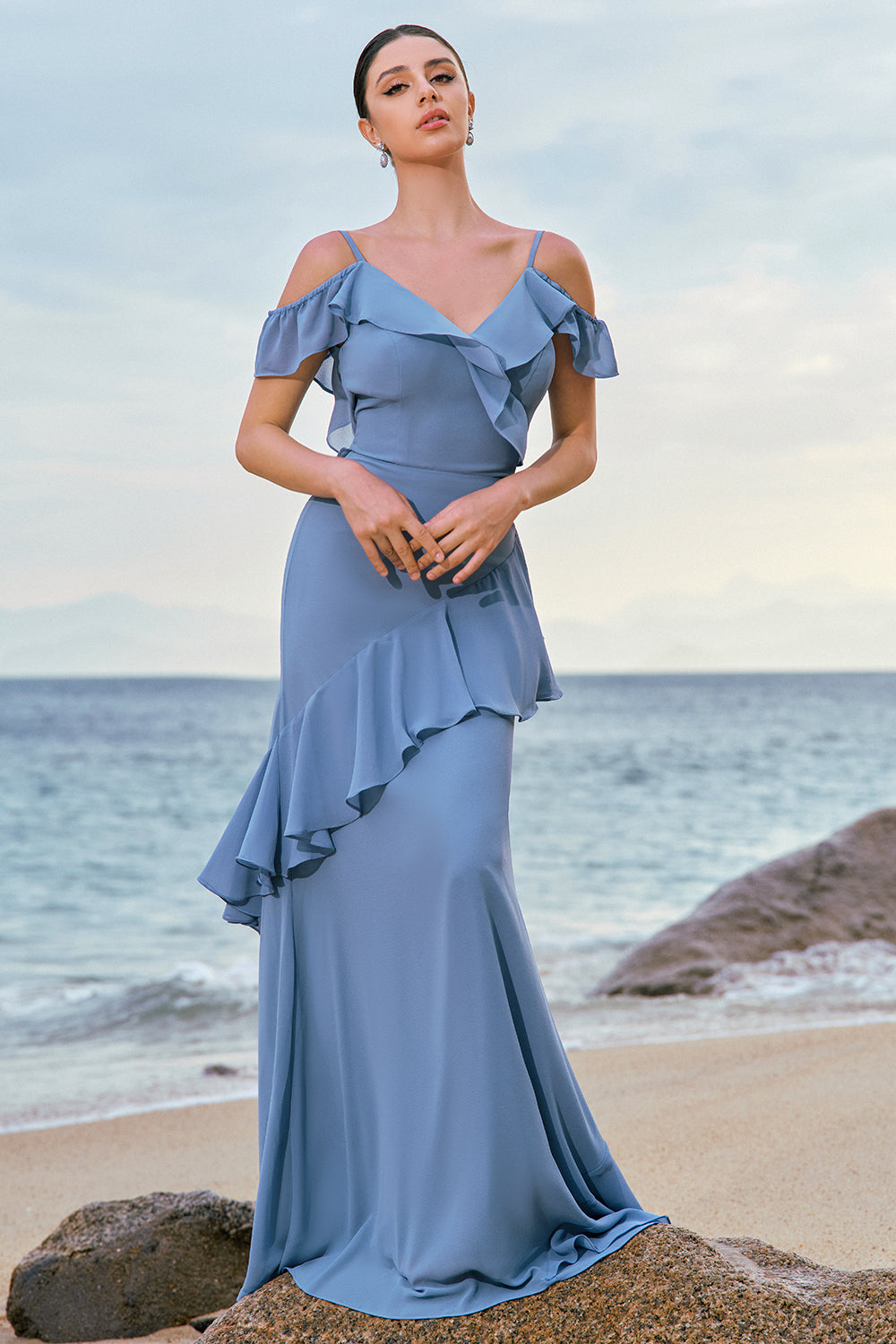 Blue Cold Shoulder Chiffon Bridesmaid Dress with Ruffles