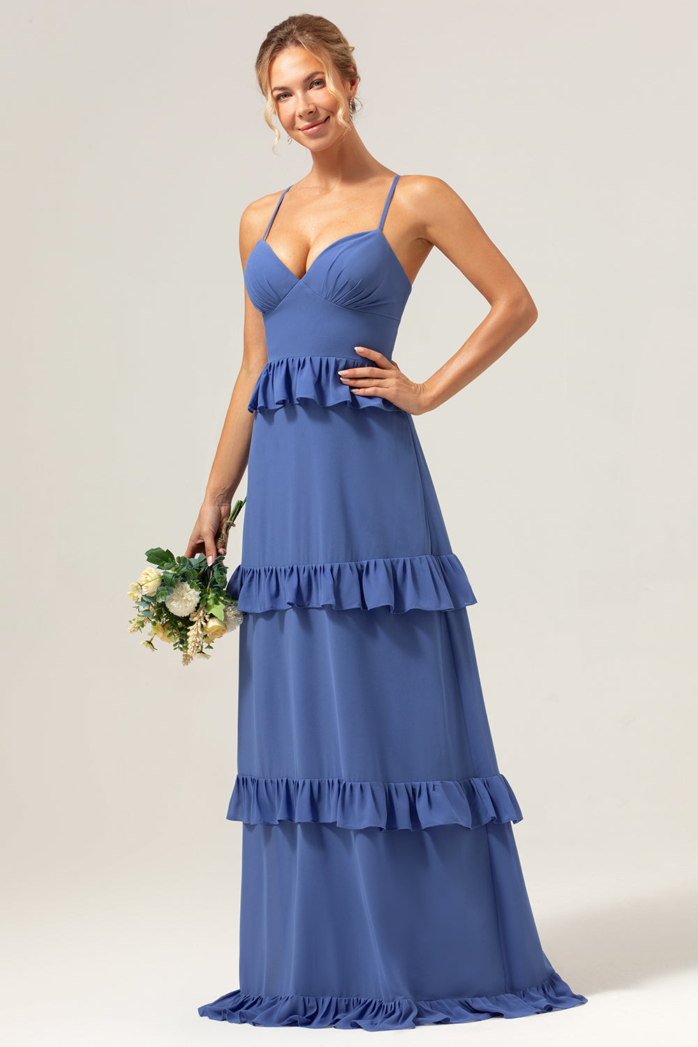 Dark Blue A-Line Spaghetti Straps Tiered Chiffon Long Bridesmaid Dress