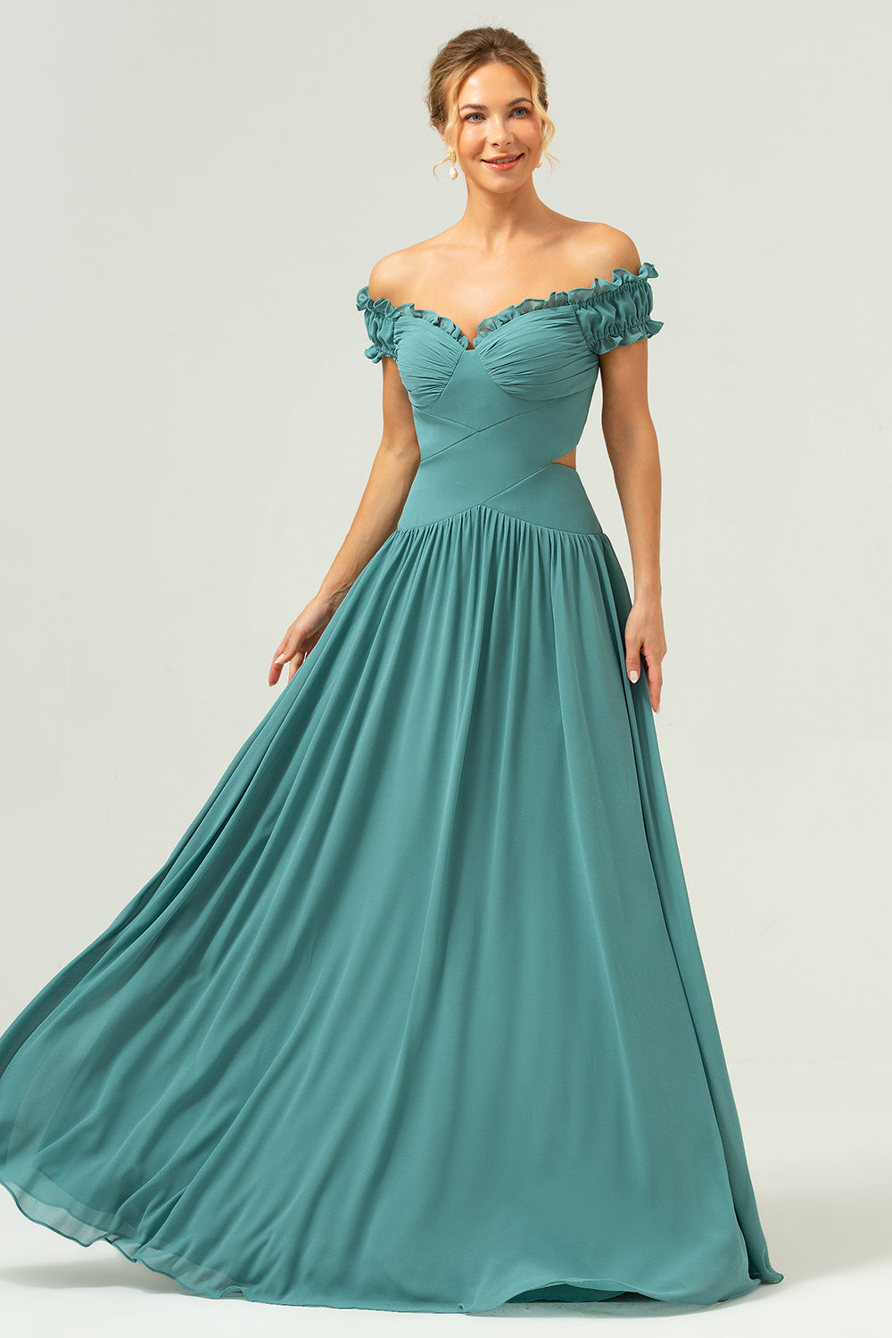 A-Line Off The Shoulder Pleated Chiffon Green Long Bridesmaid Dress