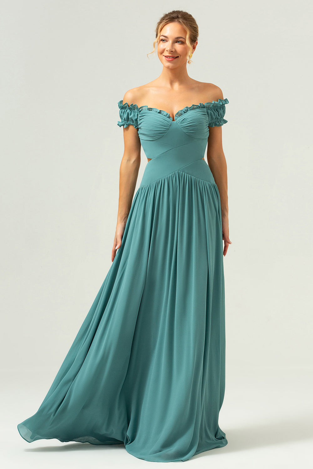 A-Line Off The Shoulder Pleated Chiffon Green Long Bridesmaid Dress