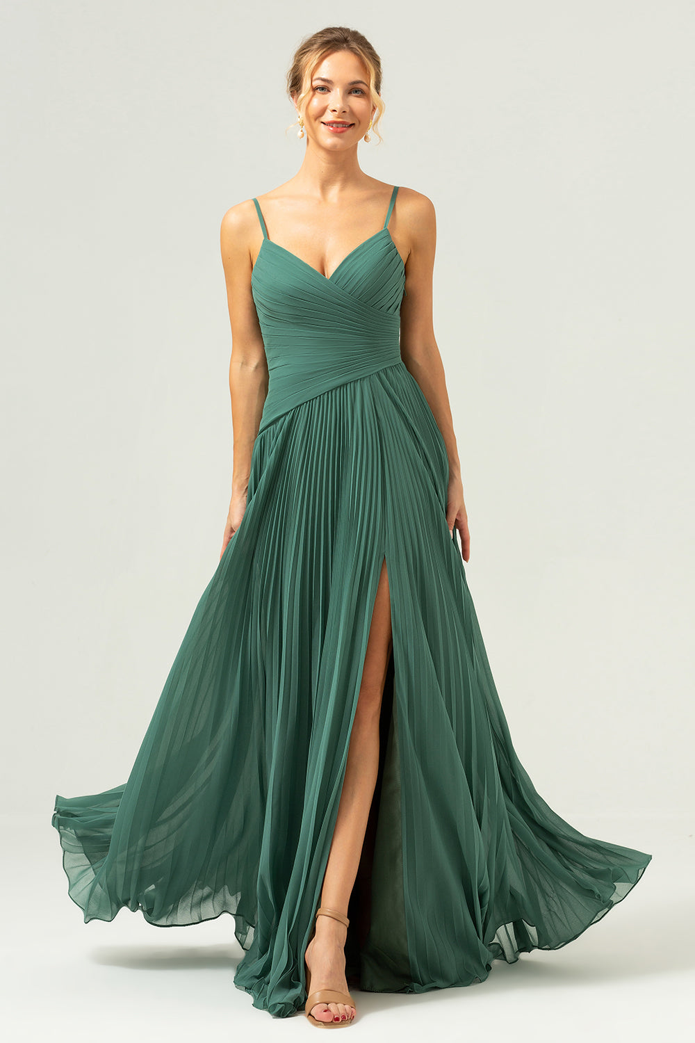 A-Line Spaghetti Straps Pleated Chiffon Eucalyptus Bridesmaid Dress with Slit