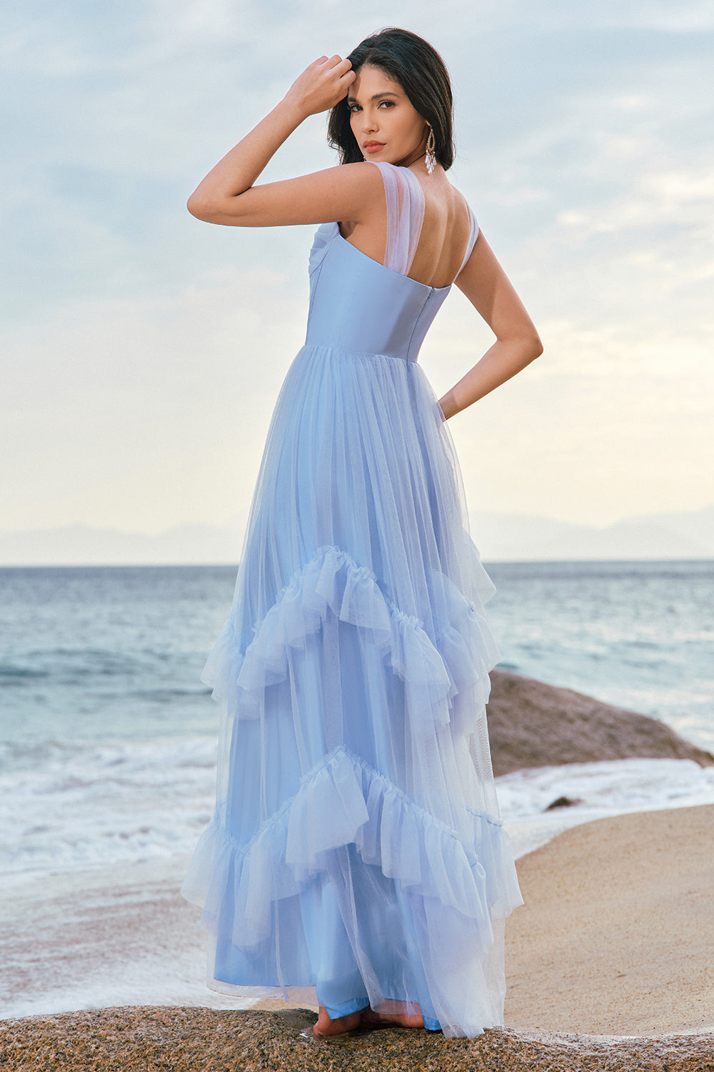 Blue Tulle Corset Bridesmaid Dress with Ruffles