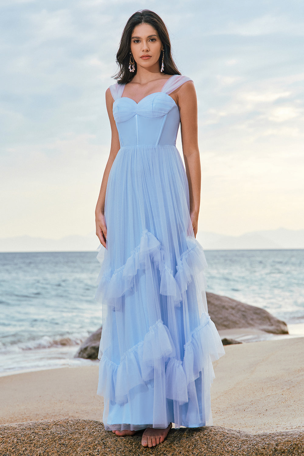 Blue Tulle Corset Bridesmaid Dress with Ruffles