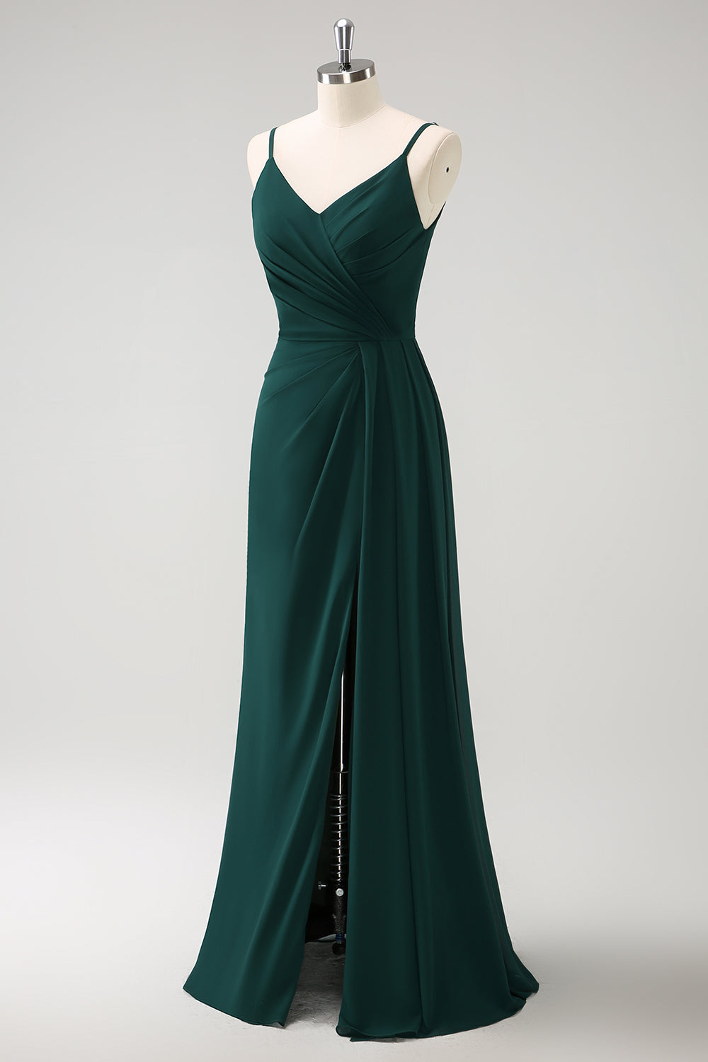 Dark Green Spaghetti Straps Ruche Long Bridesmaid Dress with Slit