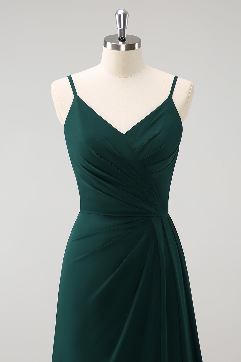 Dark Green Spaghetti Straps Ruche Long Bridesmaid Dress with Slit