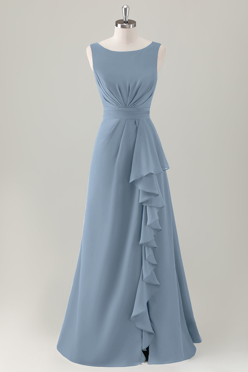 Dark Blue A-Line Ruffle Long Bridesmaid Dress with Slit