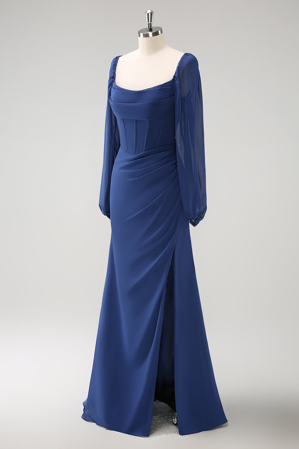 Dark Blue Sheath Square Neck Chiffon Long Sleeves Long Bridesmaid Dress with Slit