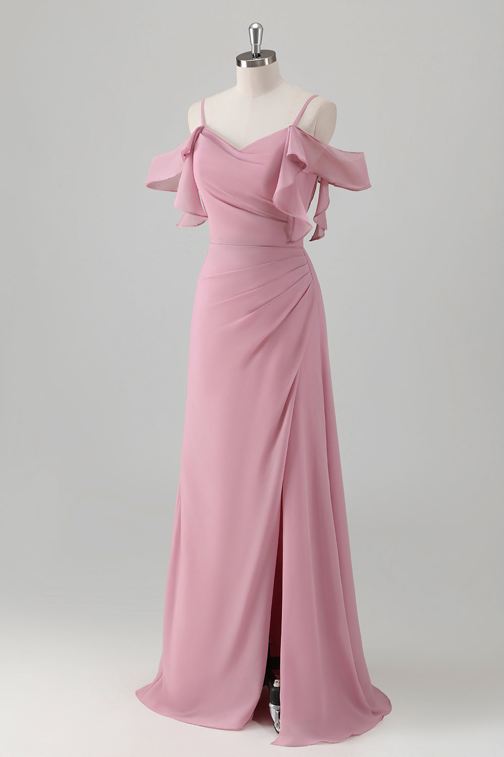 Pink Cold Shoulder Chiffon Long Bridesmaid Dress with Slit