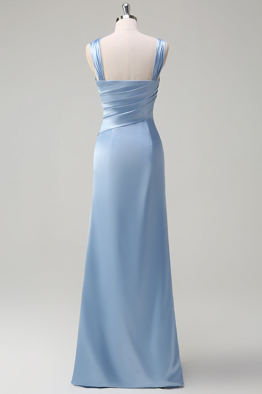 Elegant Sky Blue Sheath Pleated Satin Long Bridesmaid Dress With Slit