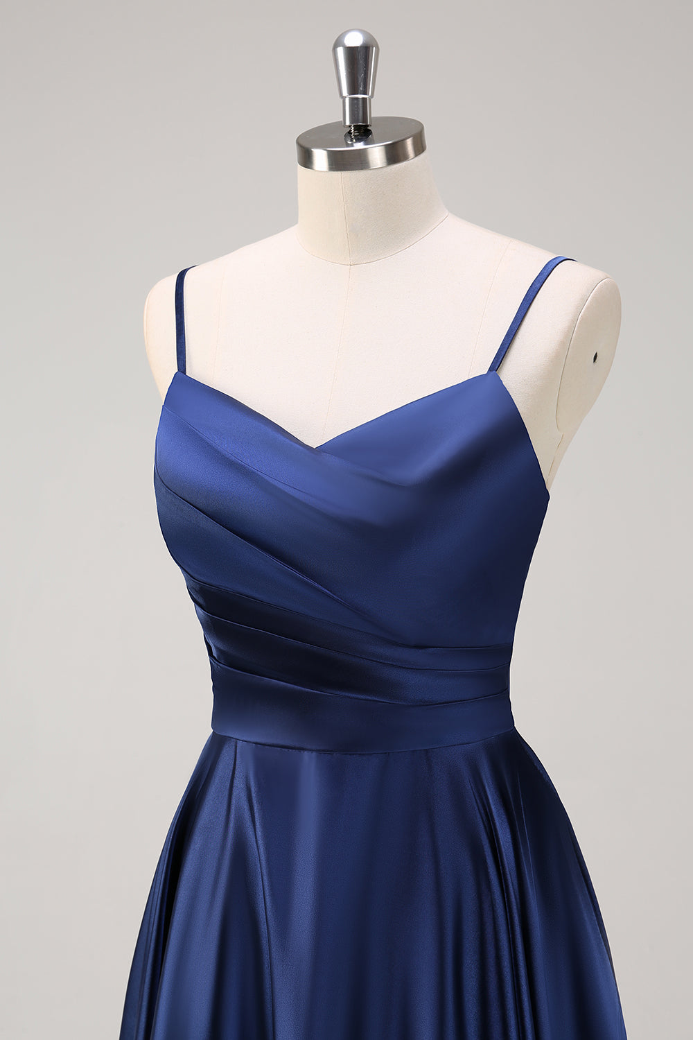 Navy A-Line Ruched Spaghetti Straps Tea Length Bridesmaid Dress