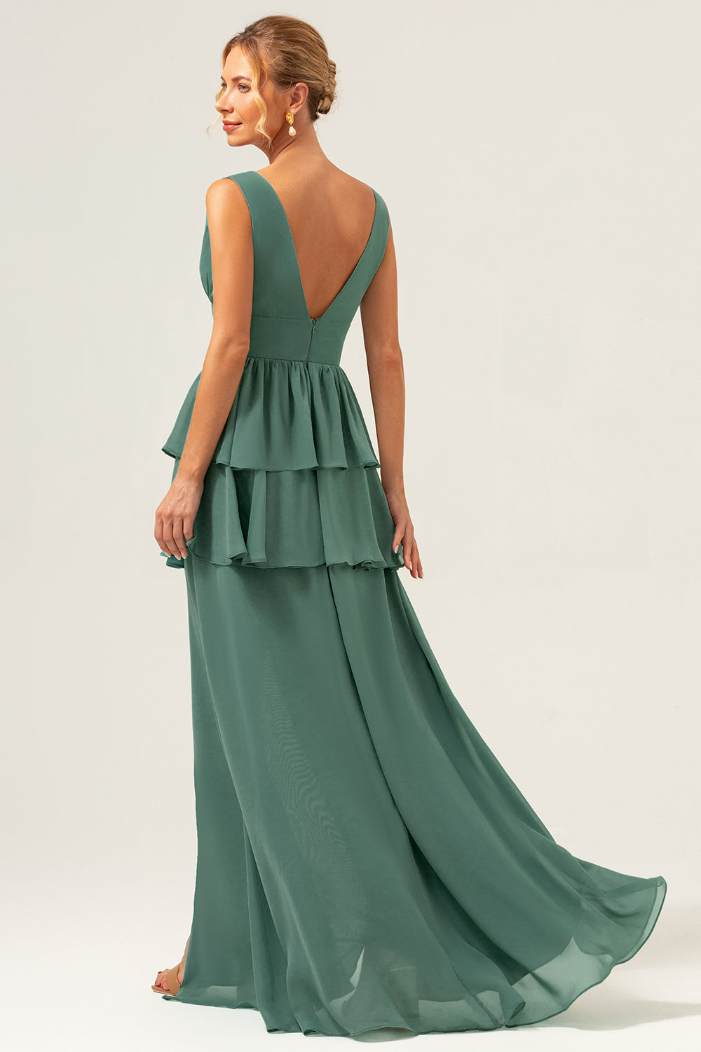 Eucalyptus A Line Corset Tiered Long Bridesmaid Dress with Slit