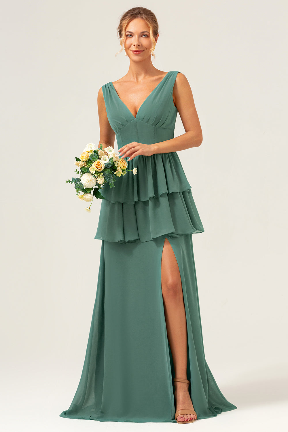 Eucalyptus A Line V Neck Corset Tiered Satin Long Bridesmaid Dress with Slit