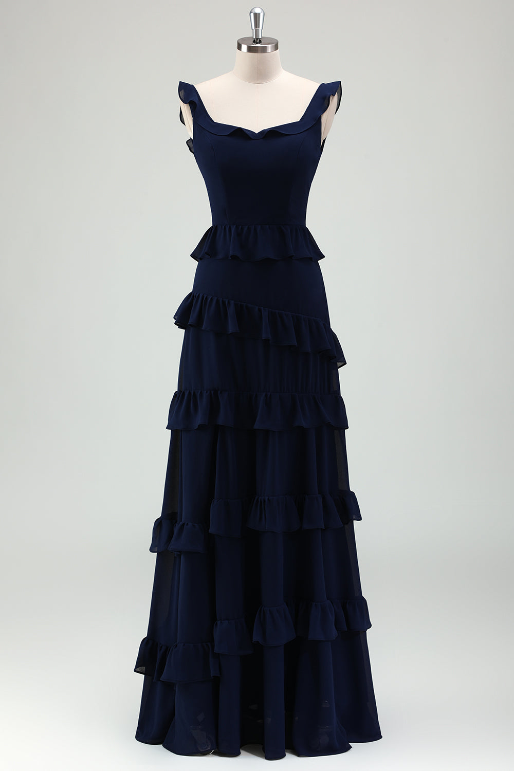 Navy A-Line Chiffon Ruffled Tiered Long Bridesmaid Dress