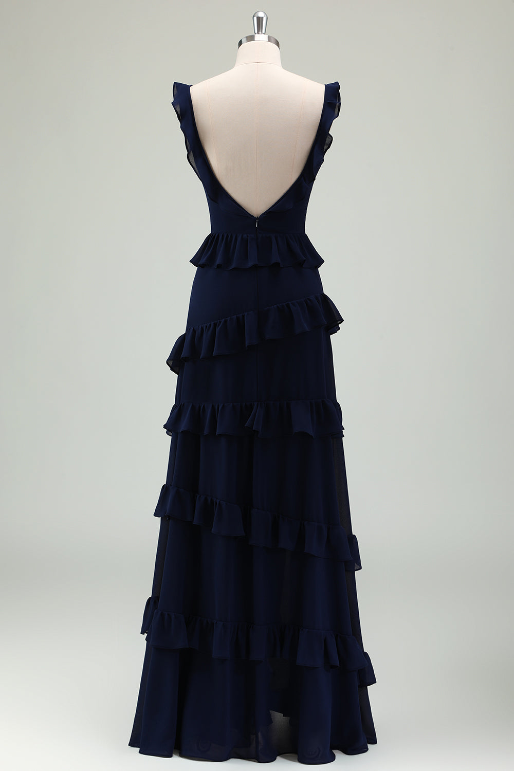 Navy A-Line Chiffon Ruffled Tiered Long Bridesmaid Dress